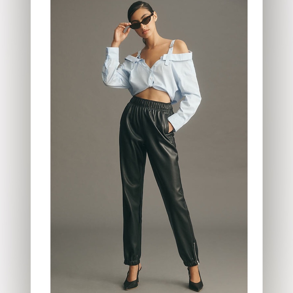 AVEC LES FILLES Anthropologie Women's Faux-Leather Ankle-Zip Jogger Pants SMALL